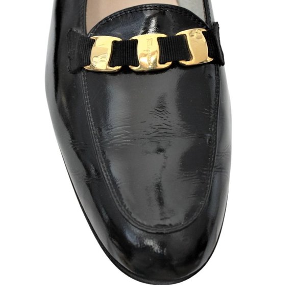 VTG Salvatore Ferragamo Loafer Black Patent Leather Gold Chain Accent Size 10 4A - Picture 10 of 12